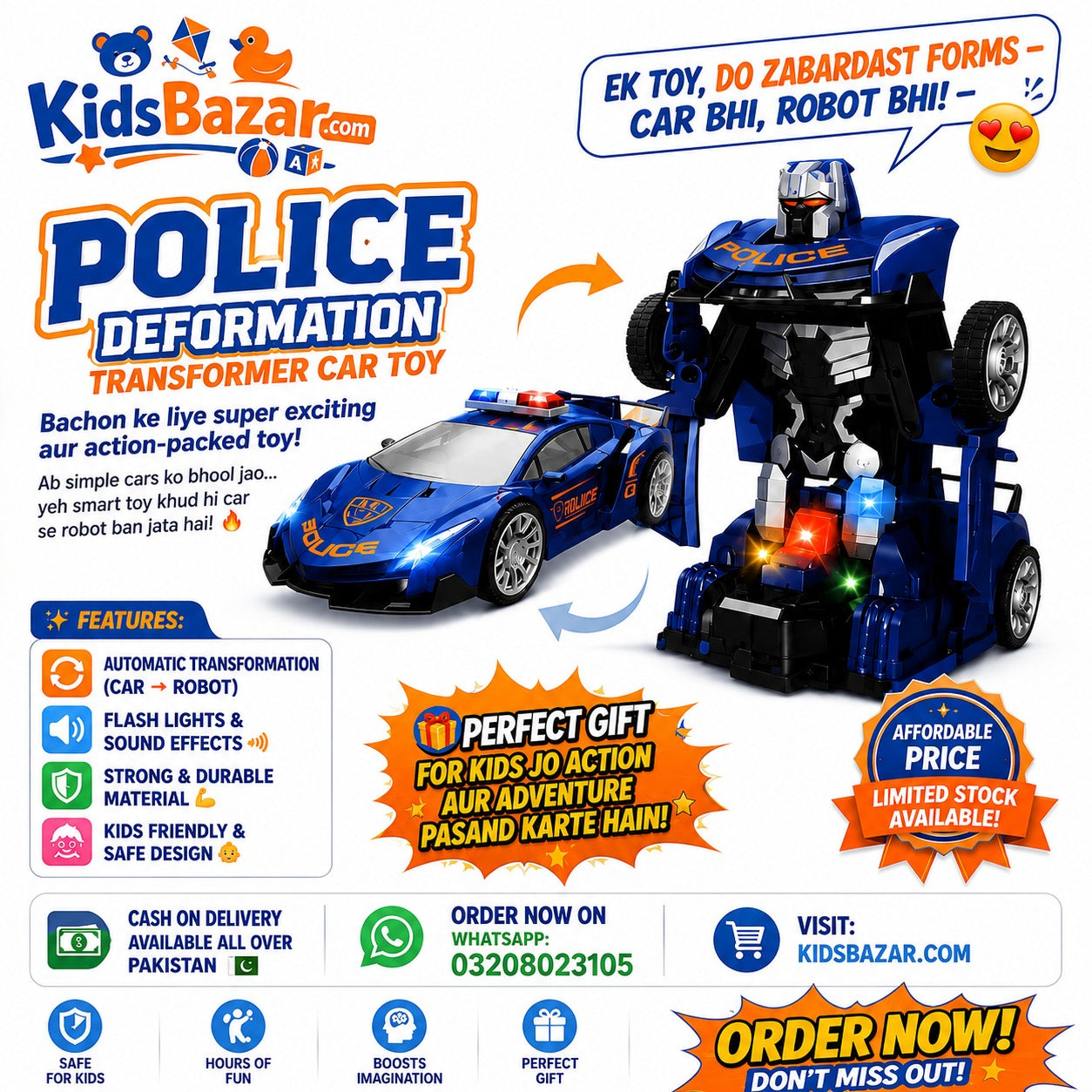 kidsbazars.com ABS Plastic Blue SUPER POLICE DEFORMATION CAR 8811-17, No. Of Wheel: 4 Wheels