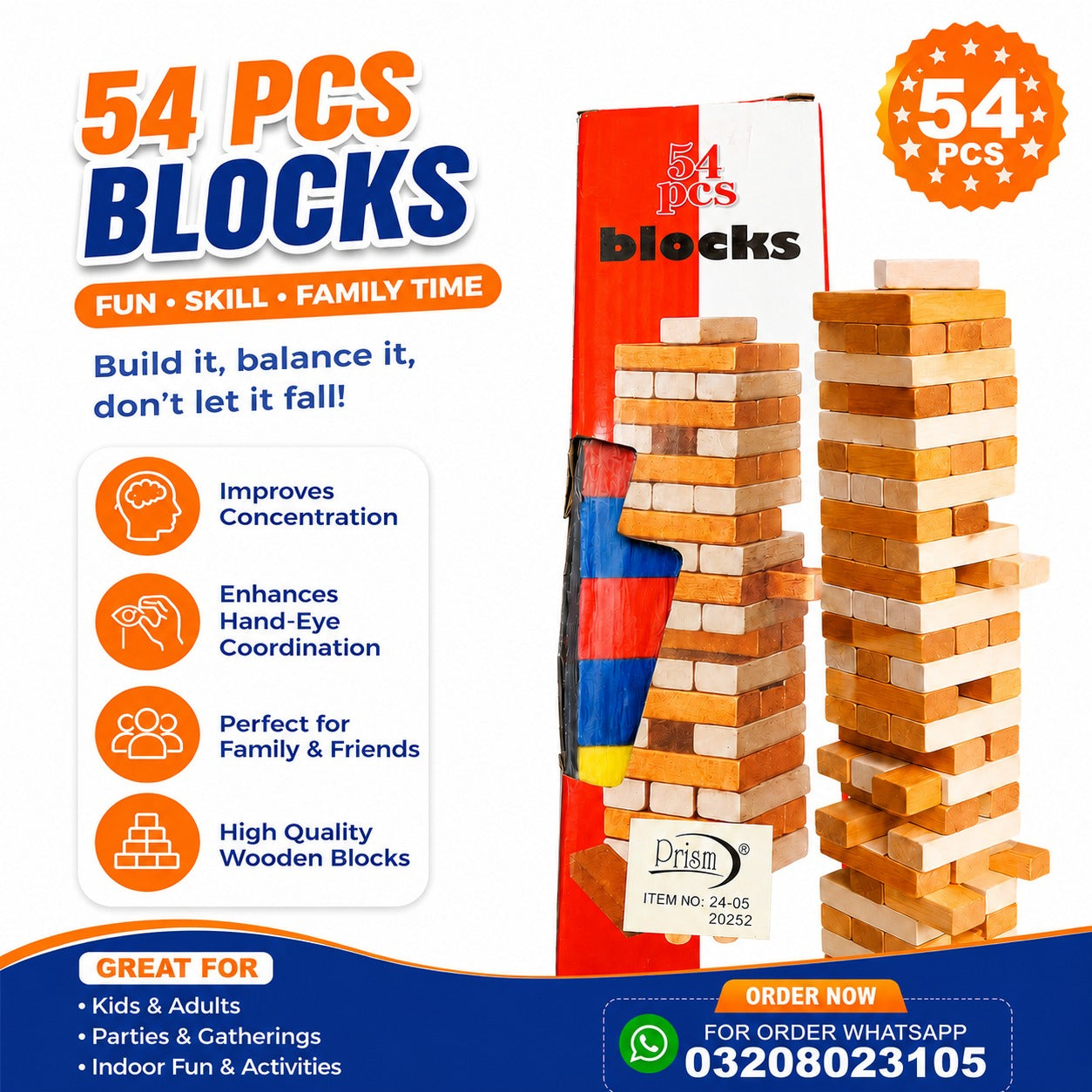 kidsbazars.com Wooden Jenga Game Set for Kids & Family Fun