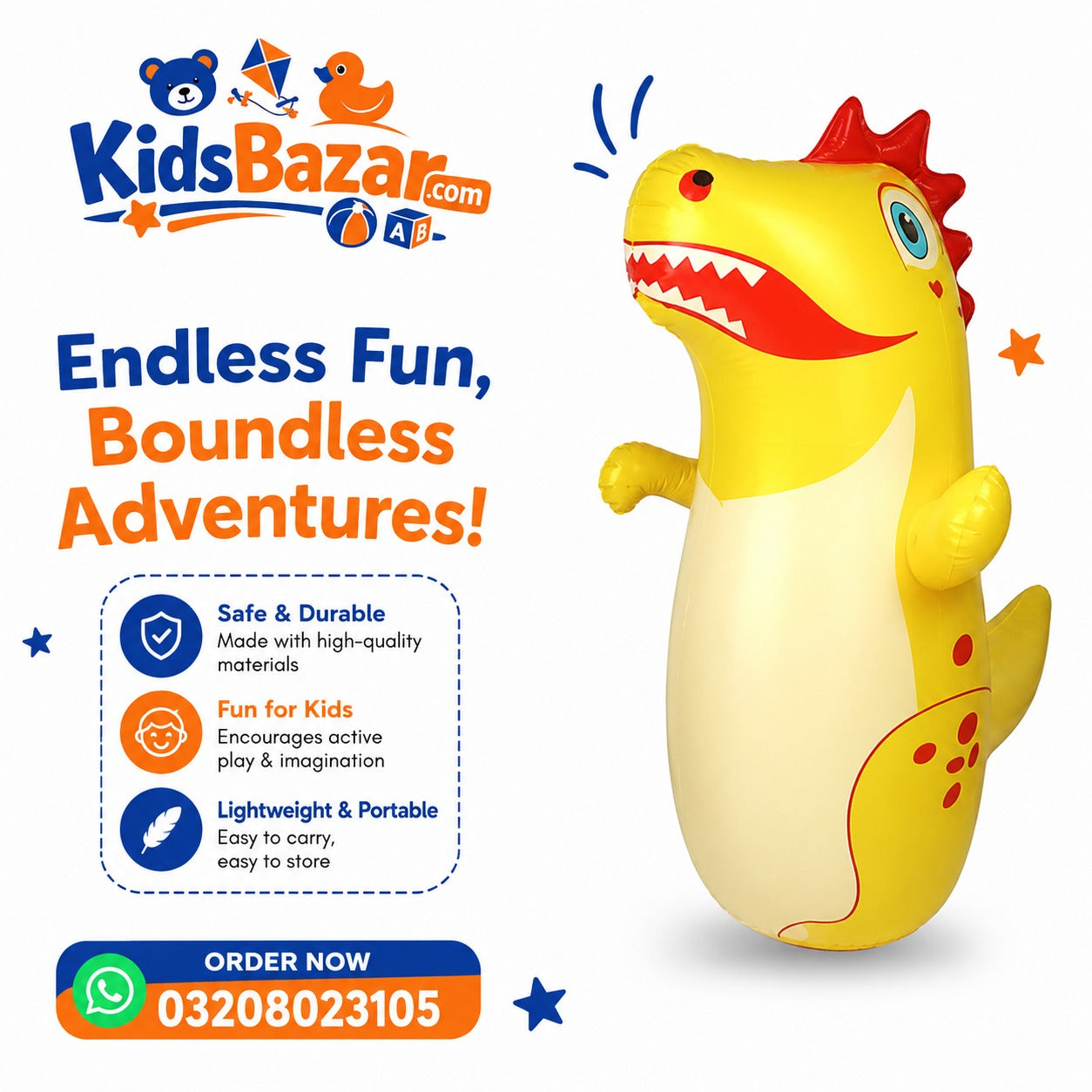 kidsbazars.com 90cm Inflatable Dinosaur Tumbler for Kids Boxing Pole Toy with Animals & Dinosaurs Theme
