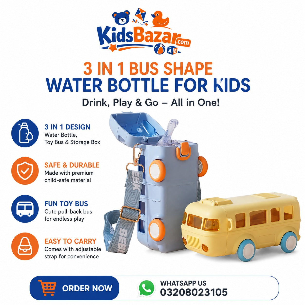 kidsbazars.com (NET) Cute Bus Water Bottle with Shoulder Strap 550 ml