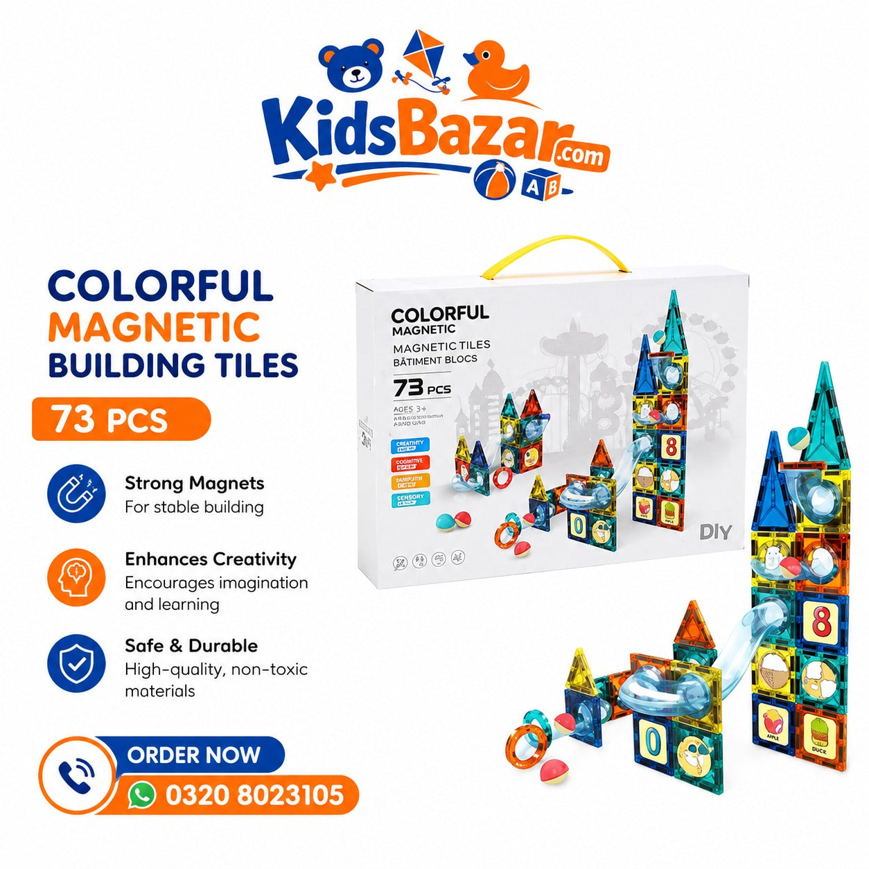 kidsbazars.com Magnetic Building Tiles Set (73 Pcs) | STEM Educational