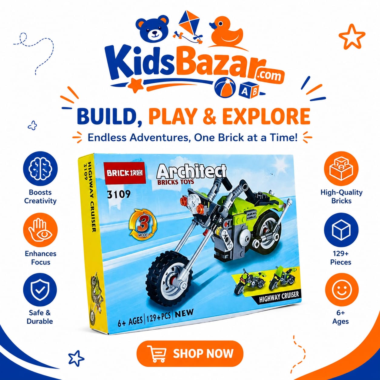 kidsbazars.com Highway Cruiser Toy – 3 in 1 Building Car Set for Kids