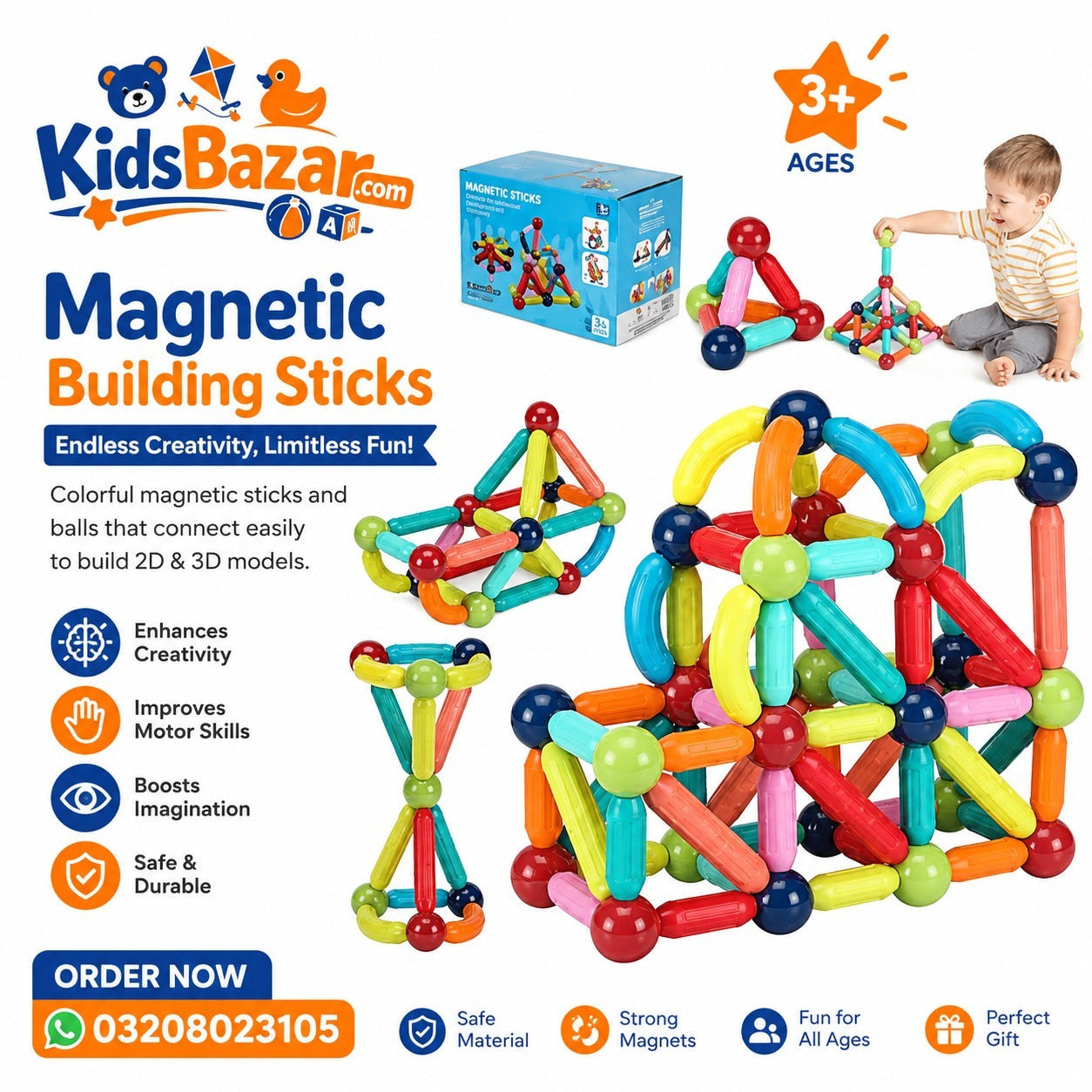 kidsbazars.com Magnetic Building Sticks – Creative Learning Toy for Kids